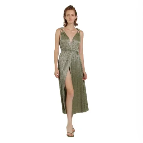 Sabina Musayev | Dresses | Sabina Musayev Gloriosa Dress Womens Small Green  Vneck Sleeveless Metallic Gold | Poshmark